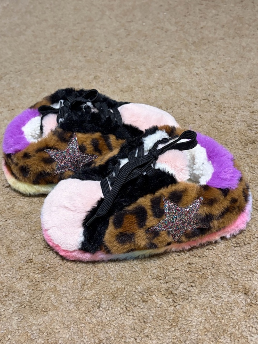 Steve Madden Fuzzy Leopard Print Star Slippers in Pink, Purple, Brown